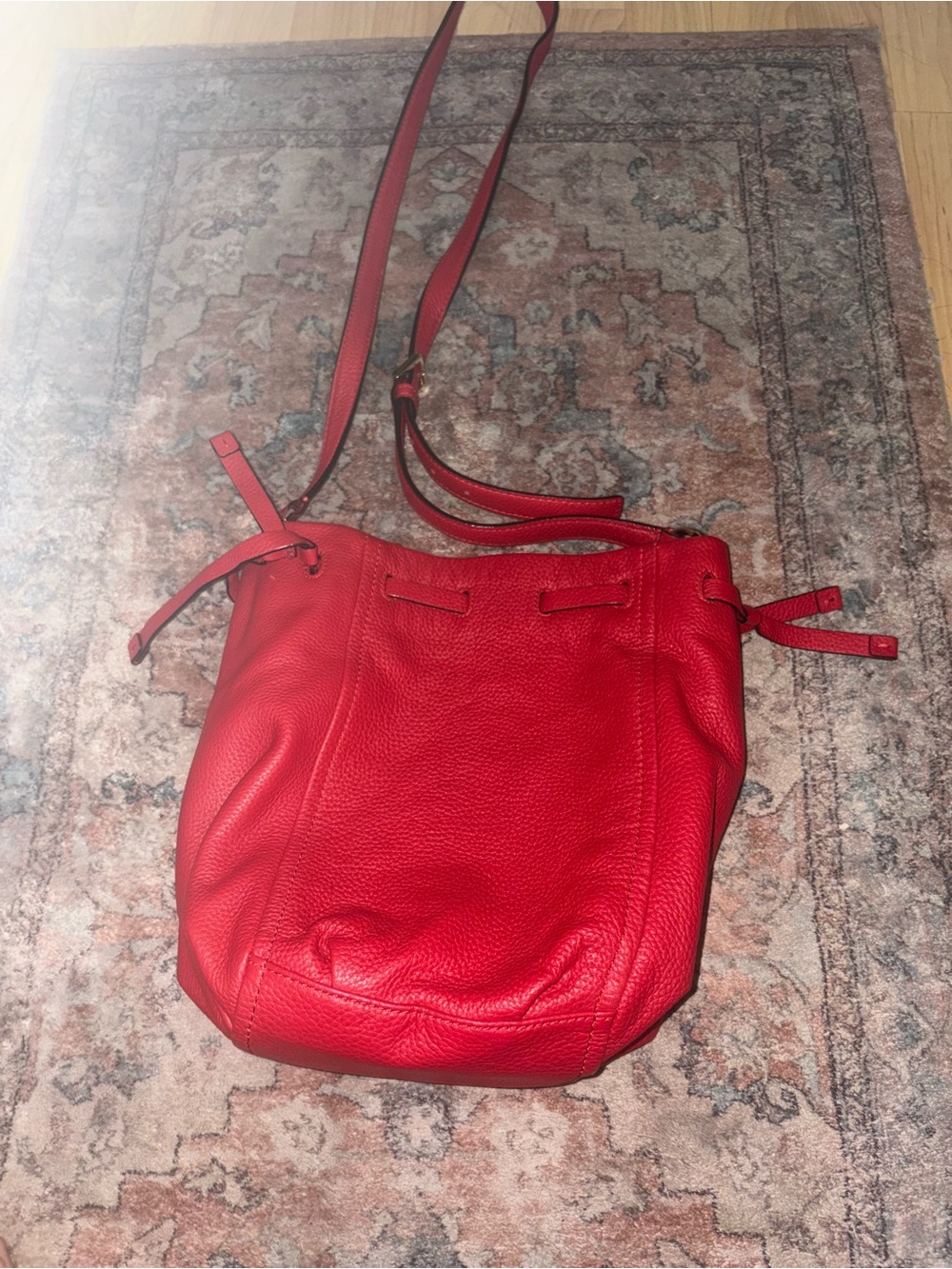 Kate Spade Red Bucket Bag Pebble Leather Side Cinch Adjustable Crossbody - Picture 11 of 14